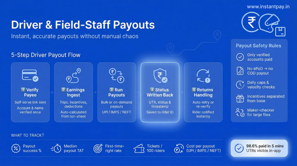 Logistics Financial Solutions: Top 5 Proven Cash Flow Fixes 4 Logistics Financial Solutions for rider payouts: verify payee, ingest earnings, run UPI/IMPS/NEFT payouts, status write-back, returns.