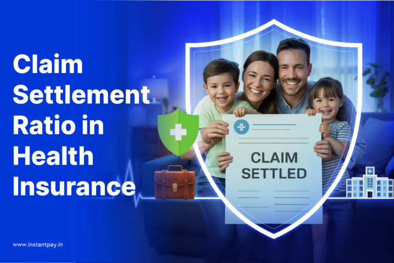 Claim Settlement Ratio in health insurance illustrated with a family, shield, and settled claim document for medical insurance awareness.