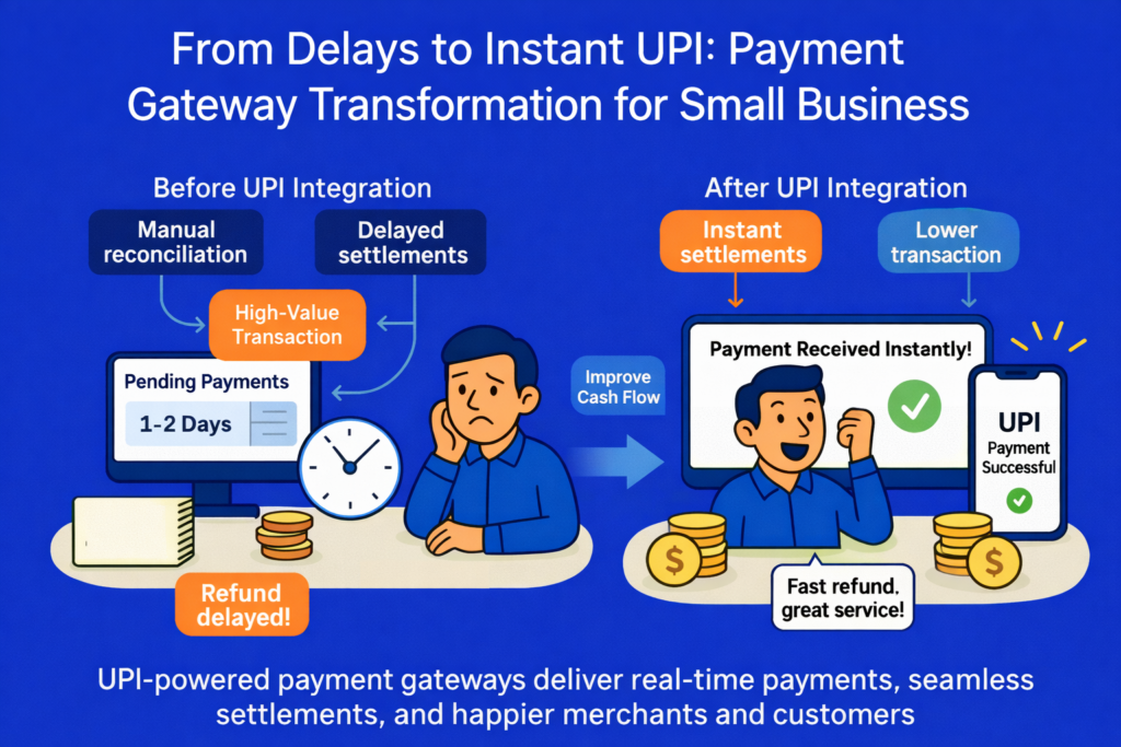 API Banking for Small Businesses: Redefining the Competitive Landscape 5 Delays to Instant UPI - Payment Gateway Transformation shown for small businesses (before and After)