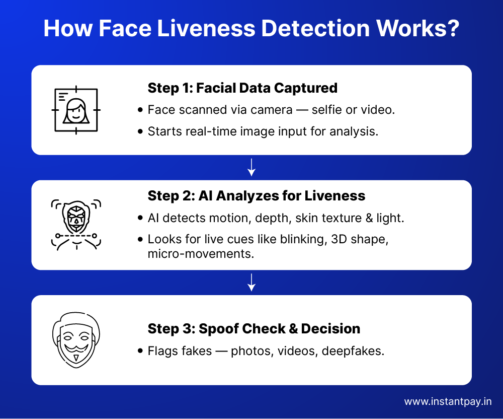 Face Liveness: Redefining Security in Identity Verification 5 Three-step face liveness detection process showing facial capture, AI analysis of depth and texture, and spoof check decision.