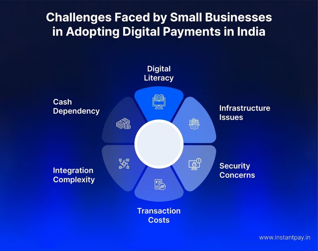 Challenges of digital payments for small businesses including literacy, security, cash dependency, costs, and infrastructure