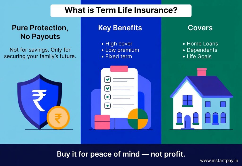 Term insurance explained with key benefits, pure protection, low premium, fixed term, and coverage for loans, dependents, and life goals.