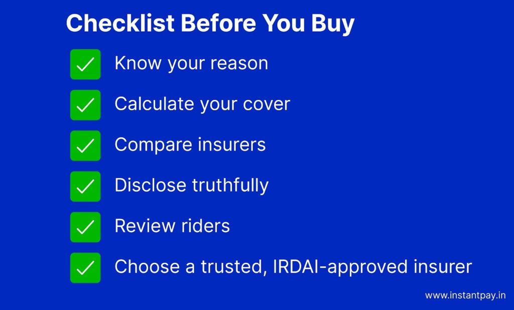 Checklist before you buy term insurance: know your reason, calculate cover, compare insurers, disclose truthfully, review riders, choose IRDAI-approved insurers.