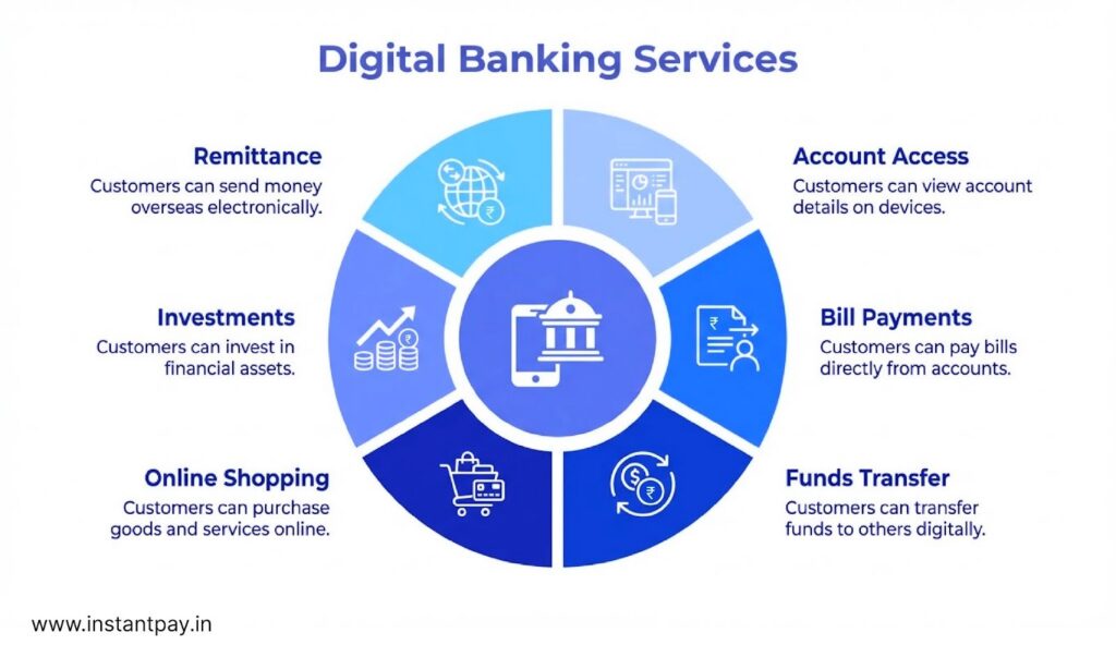 showing common digital banking services like checking accounts, paying bills, sending money, investing, shopping online, and international transfers.