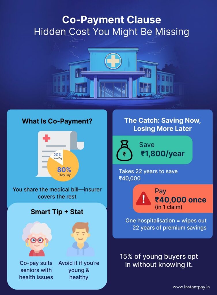 How to Read a Health Insurance Policy in India: Features, Facts & Fine Print Explained 1 Health insurance co-payment clause explained with savings versus out-of-pocket claim costs for hospitalization
