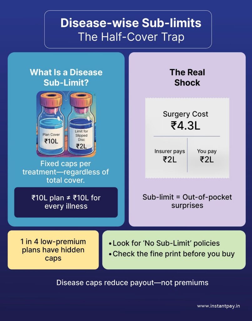 How to Read a Health Insurance Policy in India: Features, Facts & Fine Print Explained 3 Health insurance disease-wise sub-limit example showing capped payout for specific treatments despite higher total sum insured