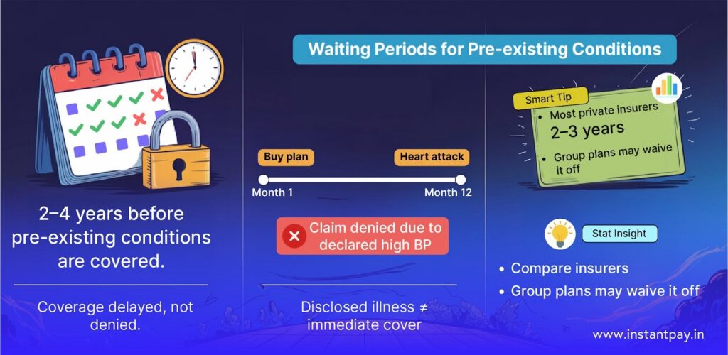 How to Read a Health Insurance Policy in India: Features, Facts & Fine Print Explained 4 Health insurance waiting period for pre-existing conditions, showing delayed coverage after policy enrollment and claim restrictions.