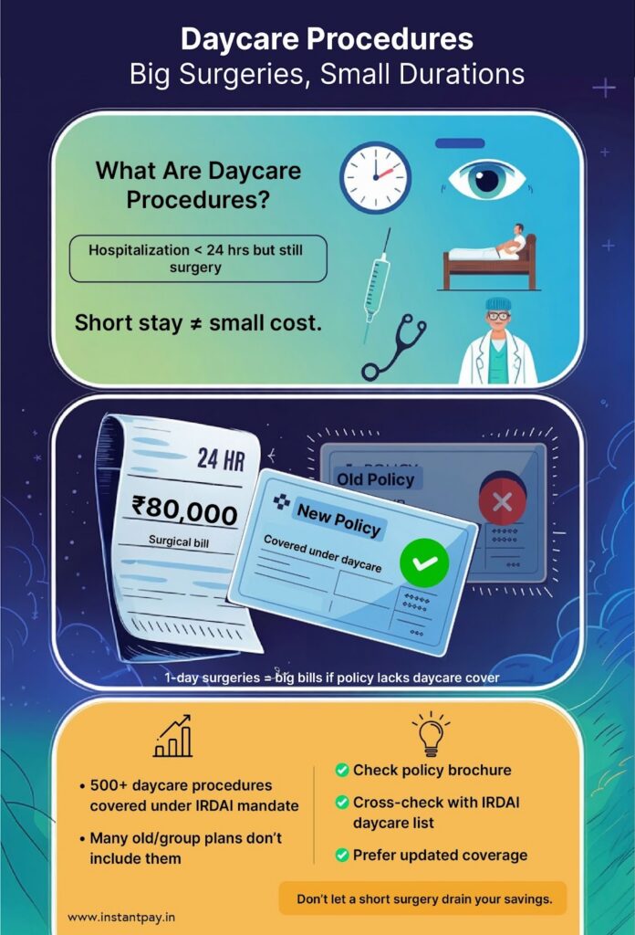 How to Read a Health Insurance Policy in India: Features, Facts & Fine Print Explained 7 Health insurance daycare procedure coverage for short surgeries and treatments that do not require 24-hour hospitalization.