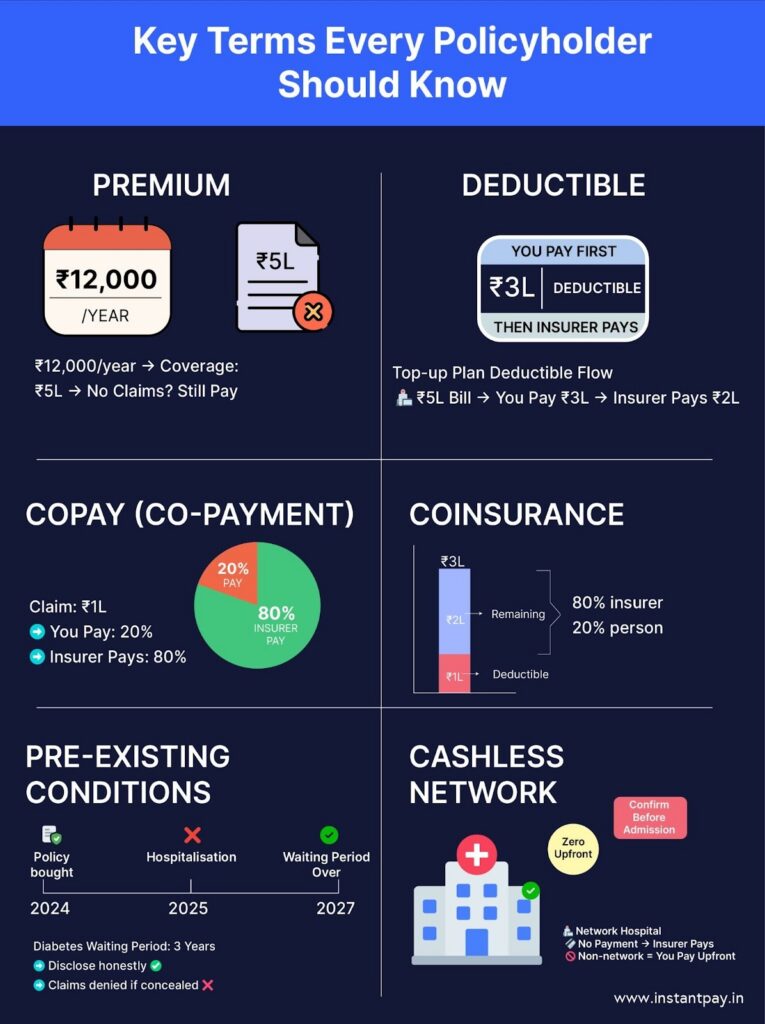 Health Insurance Guide 101: Everything You Need to Know 2 Health insurance glossary covering premium, deductible, copay, coinsurance, pre-existing conditions, and cashless network.