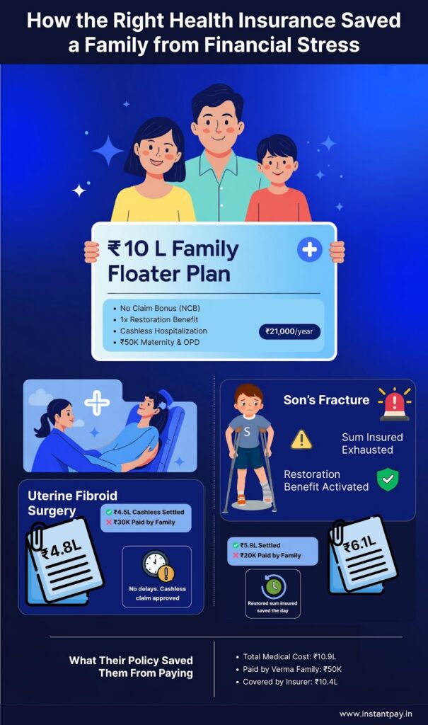 Health Insurance Guide 101: Everything You Need to Know 6 Family floater health insurance case study showing ?10 lakh cover, cashless claims, restoration benefit, and low family expenses.