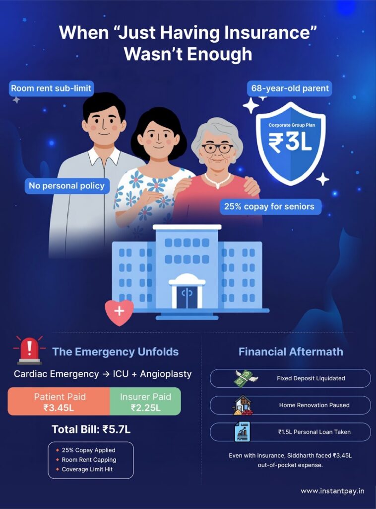 Health Insurance Guide 101: Everything You Need to Know 8 Corporate health insurance case study showing coverage gaps, copay, room rent limits, and high out-of-pocket hospital costs.