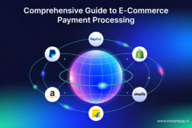 Comprehensive e-commerce payment graphic linking global platforms like PayPal, Shopify, Amazon, and Flipkart around digital payments.