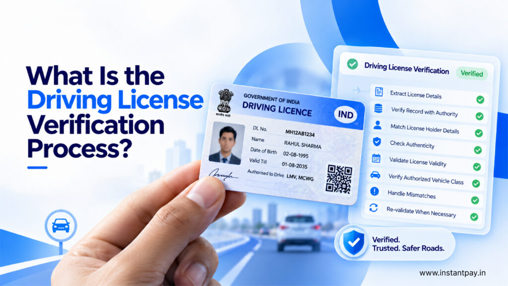 Driving Licence Verification Process in India: Complete Workflow for Individuals & Businesses 1 Driving Licence Verification Process showing licence details checked against official records, validity, authenticity and vehicle class.