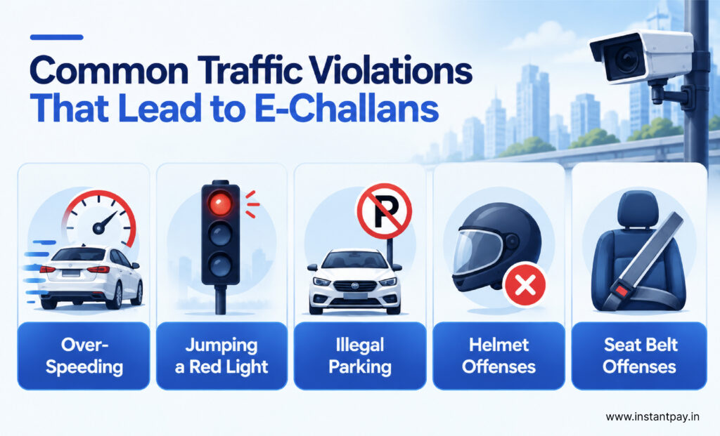 Vehicle Challan Lookup: How to Check Traffic Challans Online in 2026 6 Common traffic violations leading to e-challans, including overspeeding, red-light jumping, illegal parking, helmet and seat belt offences.
