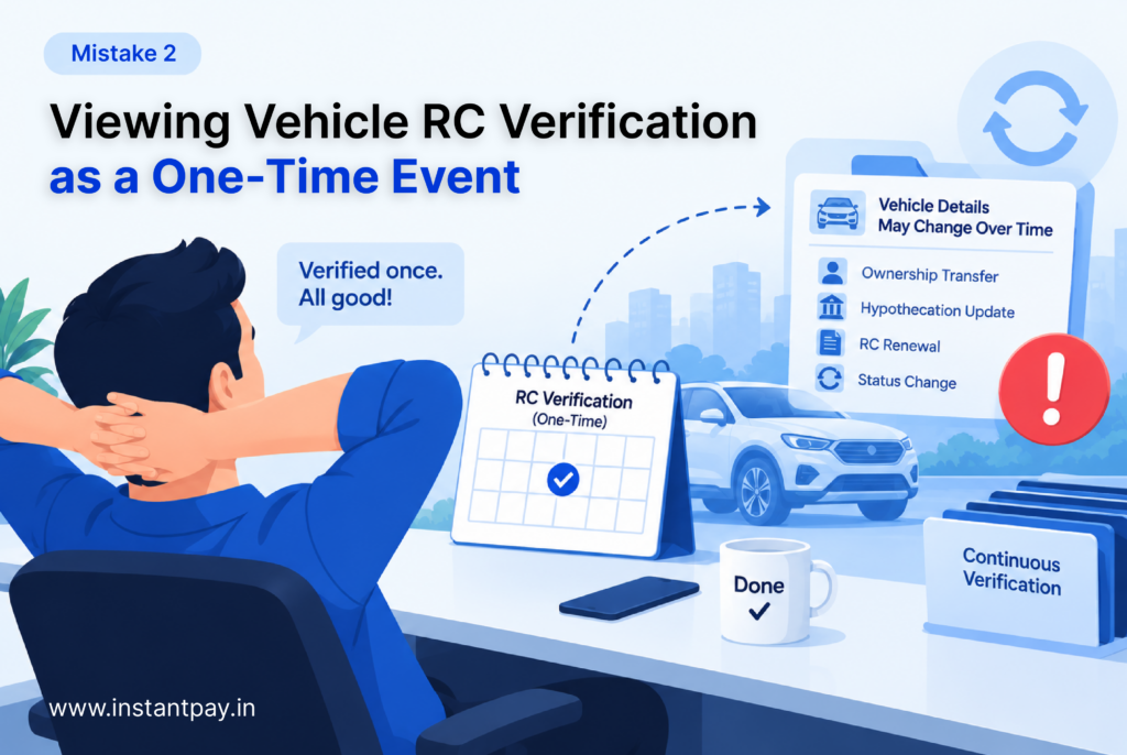 Vehicle RC verification shown as an ongoing process as ownership, hypothecation, renewal, and vehicle status can change over time.