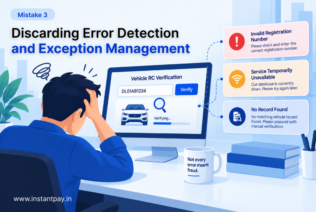 RC verification API showing invalid registration, service unavailable, and no-record-found errors requiring different responses.