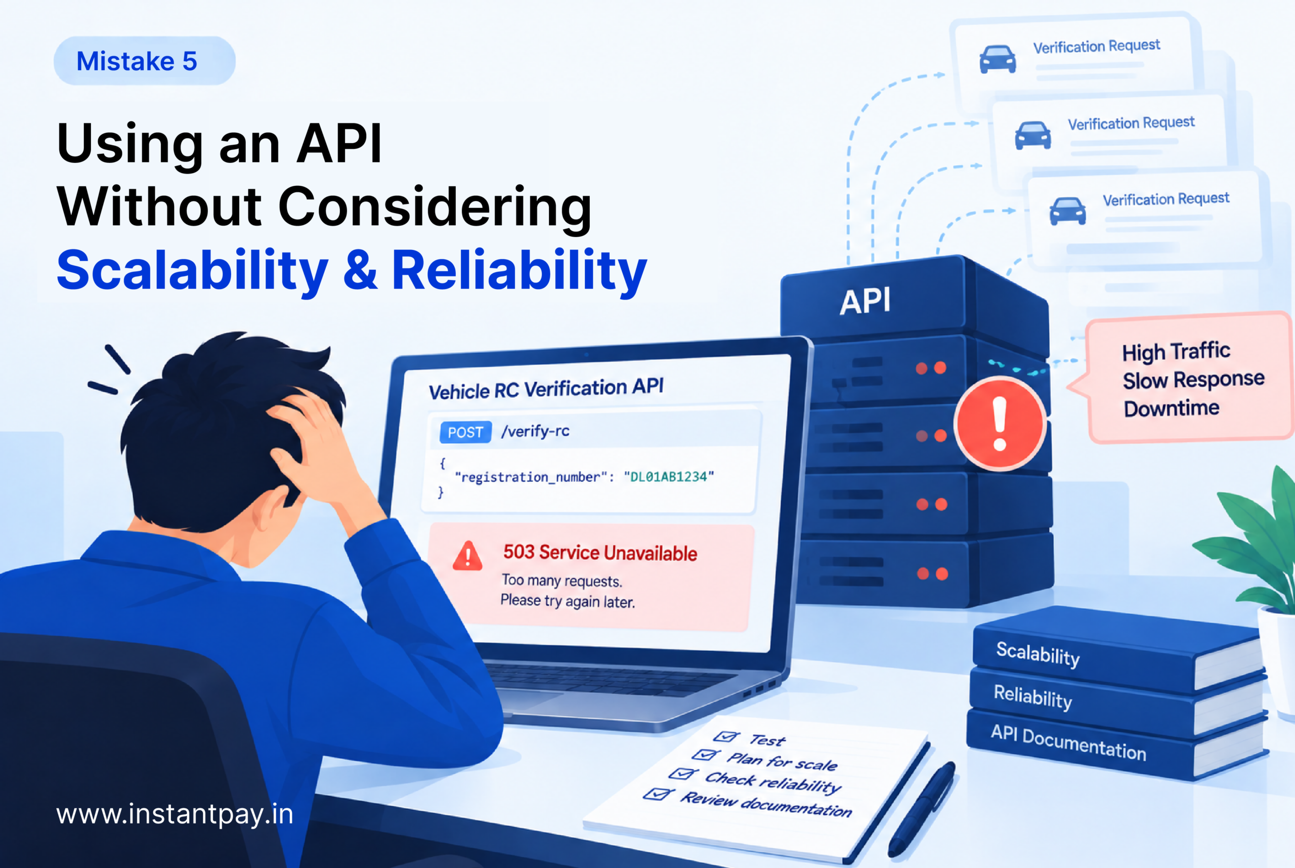RC verification API under high traffic showing a 503 error, highlighting scalability and reliability for high-volume verification.